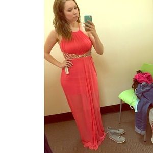 Coral formal gown with rhinestone detailing